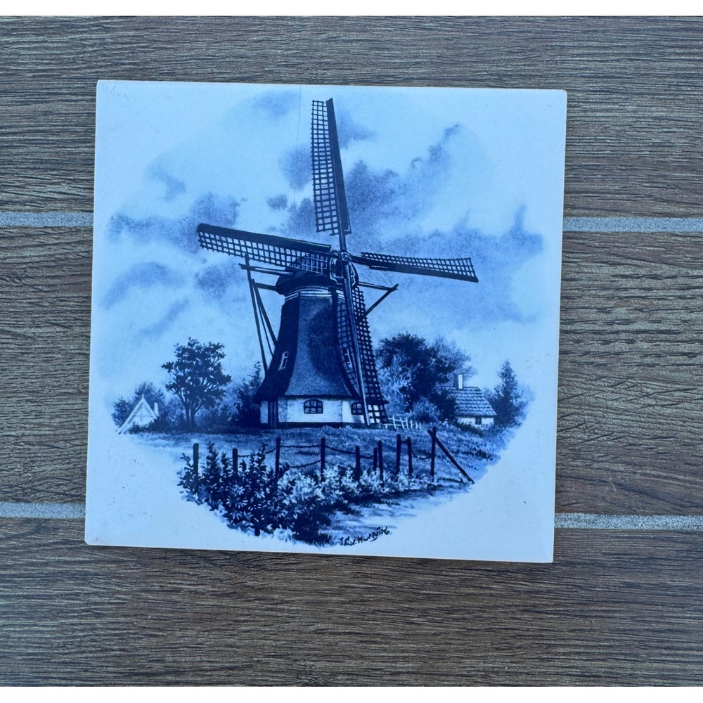 Delft blue 6" wood framed ceramic art tile Vintage MOSA Holland porcelain